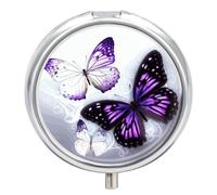 Round White Purple Butterflies Pill Organizer Pill Box 3 Compartment Portable Travel Medicine Case Daily Mini Compact Medicine Container Storage Vitamin Supplement Dispenser