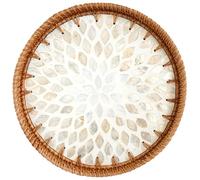 Round Wicker Serving Tray 12" Rustic with Mother of Pearl Inlay for Coffee Table Display
