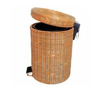 Round Wicker Trash Can with Lid Silent Slow-Down Pedal Removable Liner Stylish Rattan Wastebasket for Bathroom Kitchen Living Room Yellow Color