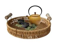 Round Wicker Tray | Small Rattan Basket | Serve Drawer Handle, Handwoven Decorative Piece, Storage Organizer Breakfast Drinks Snacks Stylish Home Kitchen Accessory