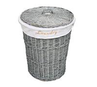 Round Wicker Washing Laundry Basket Lined Storage Basket With Lid Grey Small 30 x 30 x 42.5 cm
