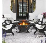 Round Wood Burning Fire Pit For Outdoor W/ Poker Swivel Cooking Grate Black