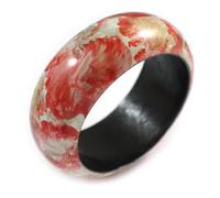 Round Wooden Bangle Bracelet with Abstract Motif Painted in Red/White/Gold Colours - Medium Size