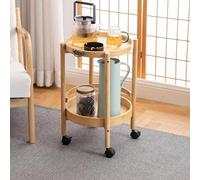 Round Wooden Coffee Table with 2-Tier Tray, Movable Bamboo End Table on Wheels, Stylish Side Table for Living Room, Kitchen, Entryway, Dining Room Storage Solution