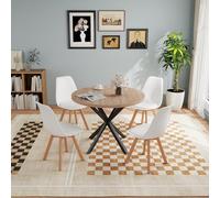 Round Wooden Dining Table Set with 4 High-Back Chairs, 100x100x75 cm, B Legs, Light Brown & White, Perfect for Dining Room, Kitchen, and Family Gatherings.