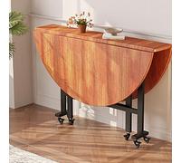 Round Wooden Dining Table with Drop Leaf - Versatile 130cm Kitchen Desk on 6 Wheels, Collapsible Extension for Dining & Office, Light Walnut Finish