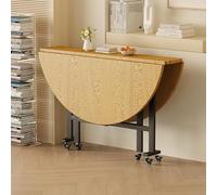 Round Wooden Drop Leaf Dining Table with 6 Wheels - Versatile Collapsible Kitchen Table for Home and Office Use Space-Saving Design Easy Mobility