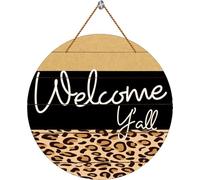 Round Wooden Hanging Decorative Sign, Leopard Print, Welcome Y'all, Rustic Modern,Home Office Farmhouse Yard Garden Synthetic Round Wood Sign 12 x 12 inch