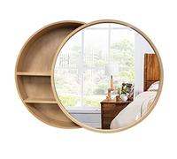 Round Wooden Mirror Cabinet with Storage Rack for Bathroom Solid Wood Material Waterproof Wall Hanging (50cm)