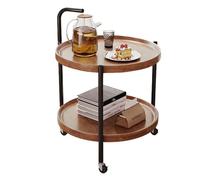 Round Wooden Side Table with 2-Tier Tray - Coffee Table, End Table, Sofa Table with Wheels, Movable Wood Coffee Bar Stand Cart with Storage on Wheels, Ideal for Home Kitchen, Entryway, Living Room, D