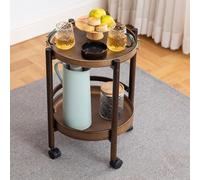 Round Wooden Side Table with 2-Tier Tray & Wheels, Movable Bamboo Coffee Cart, Versatile End Table for Living Room, Kitchen, Entryway & Dining Room Storage