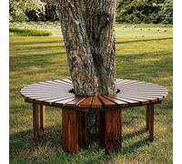 Round Wooden Tree Bench - Semi-Circular Outdoor Garden Bench with Slatted Design - Weatherproof Curved Patio Seating for Lawn, Backyard, Park, Porch - Durable Brown Wood