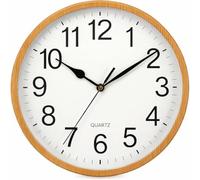 Round Wooden Wall Clock 25cm Silent Quartz Movement, Battery Operated Analogue Clock, Large Easy-Read Numbers, Non-Ticking Wood Frame Wall Clock for Kitchen Living Room Office Bedroom
