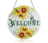 Round Wooden Welcome Sign Front Door, Front Porch Hanging Summer, Porch Decorations Outdoor Farmhouse Door, Rustic Sunflower Welcome Sign for Home Holiday Housewarming (A)