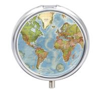 Round World Map Pill Box Small Pill Case with 3 Compartment Portable Metal Medicine Organizer Mini Travel Medicine Vitamin Supplement Container for Pocket Purse