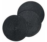 Round Woven Place Mats Set of 3-18cm/7 Inch Braided Plastic Table Mats for Office, Coffee, Dining (Black)