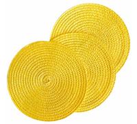Round Woven Place Mats Set of 3-18cm/7 Inch Braided Plastic Table Mats for Office, Coffee, Dining (Yellow)
