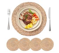 Round Woven Placemats Set of 4, 13.5'' Boho Rattan Chargers for Dinner Plates, Rustic Wicker Place Mats, Straw Braided Table Placemats, for Dining Table, Wedding, Farmhouse, Outdoor and Parties