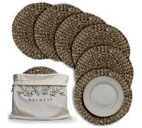 Round Woven Placemats Set of 6 (15 Inch) - Handwoven Water Hyacinth Table Mats with Reusable Jute Bag, Farmhouse Boho Dining Decor, Heat Resistant Natural Wicker Chargers - Dark Brown Color by DECHUSE