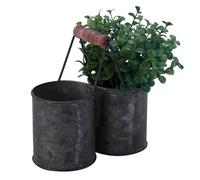 Round Zinc Twin Pot with Handle, Planter Dolly Tub Rustic Grey Metal Plant Pot