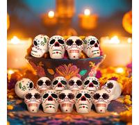 RoundFunny 12 Pcs 1.57 Inch Miniature Day of The Dead Skulls Ofrenda Decorations Dia De Los Muertos Ofrendas Altar De Muertos Miniature Mexican Fiesta for Day of The Dead Halloween Altar Ofrenda Decor