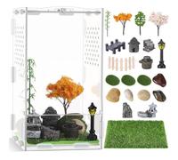RoundFunny 23 Pcs Acrylic Clear Jumping Spider Habitat Terrarium Enclosure 4.72 x 4.72 x 7.87 Inches and Miniatures Mini Garden Figurines Accessories Kit for Small Insect Amphibians and Reptiles
