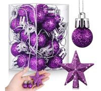 RoundFunny 25 Pcs Christmas Balls Ornaments Set Mini Christmas Tree Decoration 0.79 Inch Christmas Ball Christmas Tree Topper Star Xmas Tree Hanging Ornaments for Party Decoration (Glitter Purple)