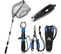 RoundFunny 3 Pcs Fishing Tool Kit, Fishing Landing Net with Telescoping Pole Handle, Fish Plier with Sheath, Fish Lip Gripper for Freshwater Extend to 30-56 Inches, Gear Gifts for Men Women
