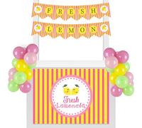 RoundFunny 43 Pcs Lemonade Stand Supplies 45" x 31" Tablecloth, 2 Fresh Lemon Garland, 40 Latex Balloons for Fresh Squeezed Lemonade Stand Decorations Kit Summer Lemon Birthday Party(Pink,Striped)