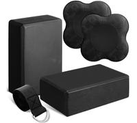 RoundFunny 5 Pcs Yoga Blocks Knee Pads Yoga Strap Set Soft Premium Foam Blocks Accessories for Pilates Meditation General Fitness Stability, Kneeling, Balance, Deepen Stretches and Toning(Black)
