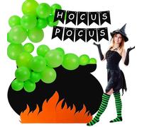 RoundFunny Halloween Witch Car Decorations Kit IncludesGreen Balloons "hocus Pocus" Banners Magic Cauldron Flame Halloween Party Decor Trick or Treating Witch Party Supplies for Car Trunks Garage
