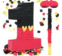 RoundFunny Number 1 Piñata Black Red Piñata First Birthday Party Supplies for Celebration for Boys Girls Fun Yellow Heart Black and Red Themed Party Decor 14.9 X 11 X 2.8 Inches