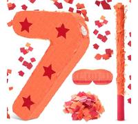 RoundFunny Number 7 Piñata Anime Theme Birthday Party Supplies 13.7'' Number Piñata Blindfold Stick Confetti Orange and Red Color Star Print Decor for Boys Girls Birthday Party Favor
