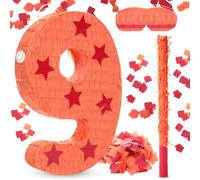 RoundFunny Number 9 Piñata Anime Theme Birthday Party Supplies 13.7'' Number Piñata Blindfold Stick Confetti Orange and Red Color Star Print Decor for Boys Girls Birthday Party Favor