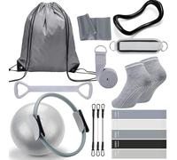 RoundFunny Pilates Ring Circle Set 18 Pcs Exercise Equipment Accessories for Women Workouts Pilates Ball Stretching Strap Magic Circle Yoga Ring Gym Back Bag Resistance Band Anti Slip Socks(Grey)