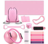 RoundFunny Set of 18 Pilates Ring Essential Kit for Women Pilates Ring and Ball Ankle Resistance Band Yoga Strap Socks Mat Arm Stretcher Latex Tube Gym Back Bag Exercise Equipment for Workout(Pink)