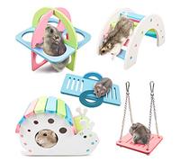 Roundler Dwarf Hamsters House DIY Wooden Gerbil Hideout Rainbow Bridge Swing and PVC Seesaw, Pet Sport Exercise Toys Set, Sugar Glider Syrian Hamster Cage Accessories, Suitable for Small Animal (H02)