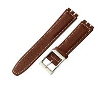 ROUREOX 17mm Genuine Leather Women's Watch Strap Stainless Steel Buckle Adjustable Replacement Strap for Swatch YCS YAS YGS-Brown A+White+Silver