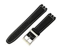 ROUREOX 17mm Genuine Leather Women's Watch Strap Stainless Steel Buckle Adjustable Replacement Strap for Swatch YCS YAS YGS-Black A+White+Silver