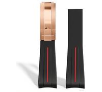 ROUREOX 20mm Rubber Watch Strap Watches-Replacement Curved Lug End Watch Strap for Rolex Submariner Green/Date Black-Red Line+Rose Gold Clasp