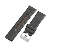 ROUREOX 27mm Leather Replacement Watch Band Stainless Steel Buckle Cowhide Bracelet for Diesel DZ4323 7312 7314 1657 4318-Black + Silver