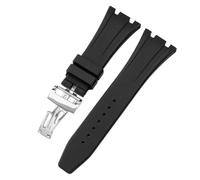ROUREOX 27MM Men's Silicone Watch Strap Rubber Replacement Band Waterproof Sports Metal Deployment Clasp for AP Royal Oak 15202/15400/15703/15416/15710/15500-Black + Silver 27MM