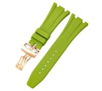 ROUREOX 27MM Men's Silicone Watch Strap Rubber Replacement Band Waterproof Sports Metal Deployment Clasp for AP Royal Oak 15202/15400/15703/15416/15710/15500-Light Green + Rose Gold 27MM
