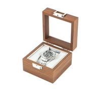 ROUREOX Brown Wood Grain Watch Storage Box Glass Display Lid Removable Cushions Timepiece Collection Organiser Case for Rolex/Omega/Cartier - 12 * 12 * 8cm