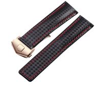 ROUREOX Carbon Fiber Genuine Leather Watch Strap Bottom Black Red Folding Buckle Leather Wristband for T-A-G Heuer Aquaracer Carrera Monaco Series-Rose Gold 22mm