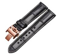 ROUREOX Flexible Genuine Leather Watch Band Butterfly Clasp Replacement Leather Watch Strap Repairment Accessories for LONGINES Master Collection-Black + Rose Gold 21mm