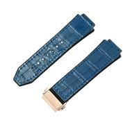 ROUREOX Genuine Leather Rubber Watch Strap Stainless Steel Butterfly Buckle Replacement Strap 19X26mm for HUBLOT Big Bang Series-Sky Blue + Rose Gold