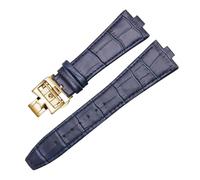 ROUREOX Genuine Leather Watch Bands Stainless Steel Butterfly Buckle Quick Release Replacement Bands for Vacheron Constantin Overseas Collection-Blue + Gold B 7mm