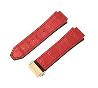 ROUREOX Leather Rubber Watch Band Metal Folding Buckle Replacement Bracelet with Bamboo Pattern for HUBLOT Big Bang-Red + Gold