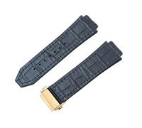 ROUREOX Leather Rubber Watch Band Metal Folding Buckle Replacement Bracelet with Bamboo Pattern for HUBLOT Big Bang-Gray Blue + Gold
